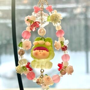 Cute Bag Charm with Green Doll& floral beads